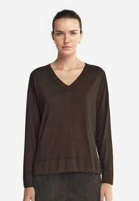 Brauner, langärmeliger Strickpullover mit V-Ausschnitt und geripptem Saum. Weiche Textur, lockere Passform und subtile Farbvariationen durchgehend.