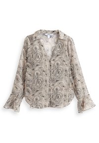 Blouse légère et transparente arborant un motif abstrait noir et beige, avec des manches longues à volants et un col.