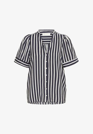 Tumesinine ja valge randiga lühikeste varrukatega pluus, millel on V-kaelus ja nööpide sulgemine. Omab vabalt langevat lõiget ja puhvvarrukaid.