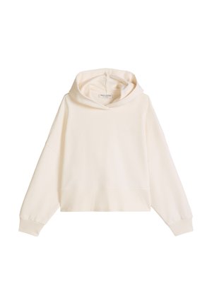 Crèmekleurige hoodie met lange mouwen, een voorzak en een licht cropped, ontspannen pasvorm.