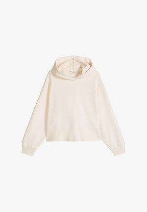 Cream-colored hoodie with long sleeves, a front pouch pocket, and a slightly cropped, relaxed fit.