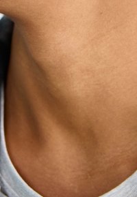 Primer plano de un cuello con una textura de piel suave y de color marrón claro. La piel muestra tonos naturales y sombras sutiles, con el cuello de una camisa azul visible.