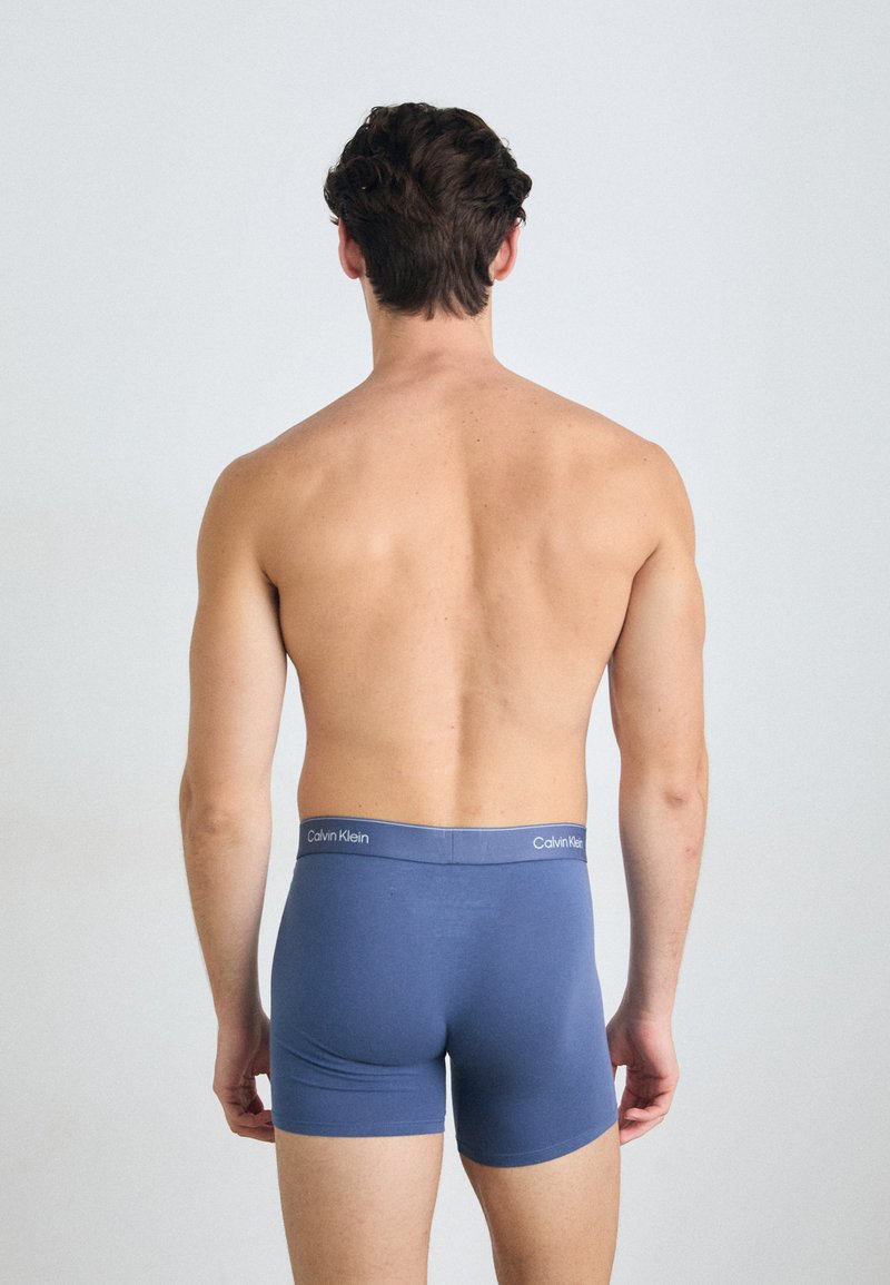 Boxers en coton bleus avec une ceinture grise Calvin Klein, montrés de dos sur une personne avec les cheveux courts, sans chemise et sans détails visibles.