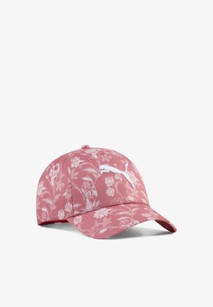 Cappellino rosa con motivo floreale e logo Puma bianco, realizzato in tessuto morbido, con visiera curva e cinturino posteriore regolabile.