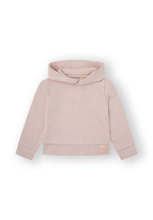 Sudadera de color rosa claro para toddler, con mangas largas, puños acanalados y capucha doblada, exhibida plana sobre un fondo blanco.