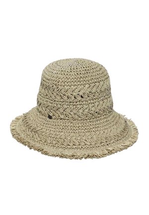 Beige woven straw sun hat with wide, slightly frayed brim and textured braided pattern throughout.