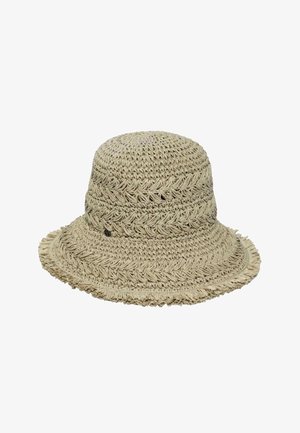 Sombrero de paja beige tejido con ala ancha, ligeramente deshilachada, y patrón trenzado texturizado en todo el sombrero.