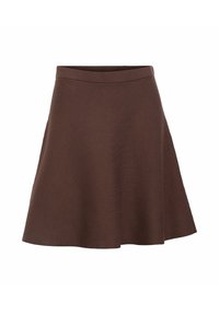 Jupe évasée marron en tissu texturé, dotée d'une taille ajustée et d'un ourlet légèrement ondulé. Pas de motifs visibles ni de détails en métal.
