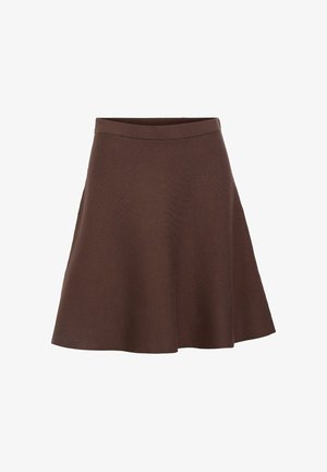 Barna, A-vonalú szoknya, texturált anyagból készült, illeszkedő derékrésszel és lágyan áramló szegéllyel. Nincsenek látható minták vagy fém részek.
