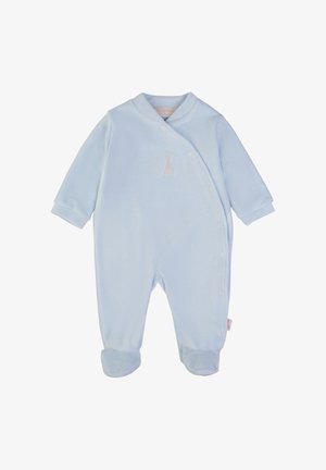Completino per bebé di colore azzurro chiaro realizzato in morbido tessuto peluche, con maniche lunghe, design avvolgente, chiusure a scatto e un dettaglio ricamato.