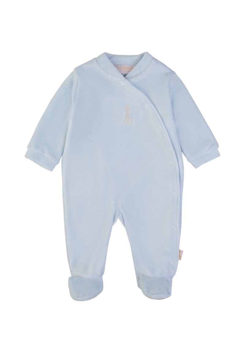 Completino per bebé di colore azzurro chiaro realizzato in morbido tessuto peluche, con maniche lunghe, design avvolgente, chiusure a scatto e un dettaglio ricamato.