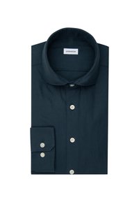 Camicia a maniche lunghe blu scuro con colletto, caratterizzata da una chiusura frontale a bottoni e polsini a bottoni. Realizzata in tessuto testurizzato, con bottoni bianchi.