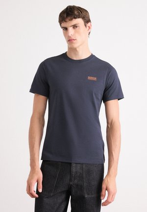 Navy blue cotton t-shirt with a crew neck and short sleeves. Features a small rectangular orange logo on the left chest area.