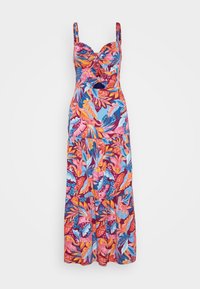 Robe maxi florale avec un corsage ajusté, des bretelles spaghetti et une jupe évasée. Présente des feuilles et des fleurs colorées dans des nuances de bleu, rose et rouge.