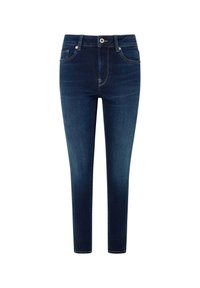 Jeans ajustados en denim azul oscuro con una textura suave, que cuentan con un diseño clásico de cinco bolsillos, trabillas para cinturón y un cierre de cremallera en la parte delantera.