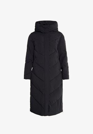 Hosszú fekete puffernadrág magas gallérral, steppelt chevron mintával és teljes hosszúságú cipzárral. Vízálló anyagból készült.