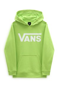Felpa verde realizzata in morbido tessuto con tasca a marsupio, presenta un grande logo bianco "VANS" sul davanti e polsini a coste.