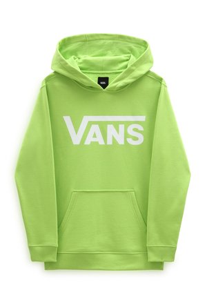 Groene hoodie van zacht stof met een kangoeroezak, voorzien van een groot wit "VANS"-logo op de voorkant en geribbelde manchetten.