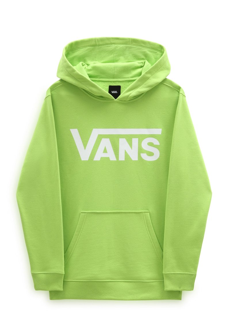 Felpa verde realizzata in morbido tessuto con tasca a marsupio, presenta un grande logo bianco "VANS" sul davanti e polsini a coste.