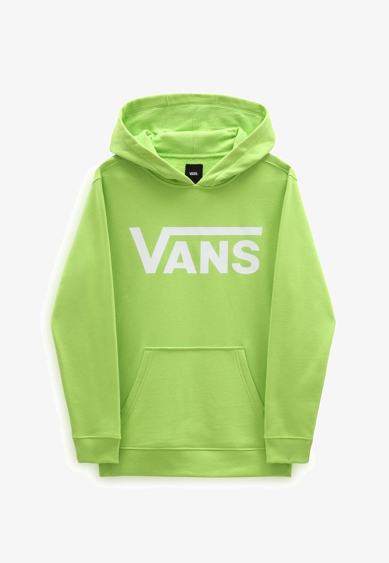 Felpa verde realizzata in morbido tessuto con tasca a marsupio, presenta un grande logo bianco "VANS" sul davanti e polsini a coste.