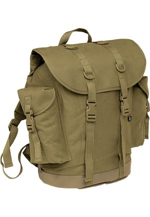 Khaki canvas backpack with a top flap, adjustable straps, side pocket, and a durable base, featuring plastic buckles and reinforced stitching.