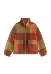 Chaqueta de forro polar con cremallera en un patchwork de tonos terrosos: rojo, naranja, verde y amarillo. Cuenta con un cuello alto y dos bolsillos frontales.