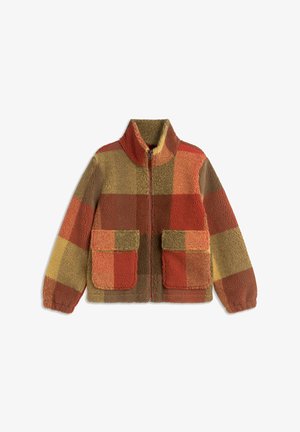 Veste en polaire zippée dans un patchwork de tons terreux : rouge, orange, vert et jaune. Elle présente un col haut et deux poches avant.