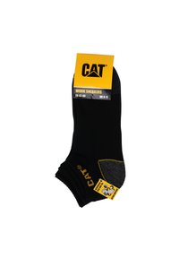 Zwarte werksokken met gele CAT-branding, versterkte teengedeelte en ribbelstructuur. Maat EU 43-46, UK 9-11, met een grijze accent.