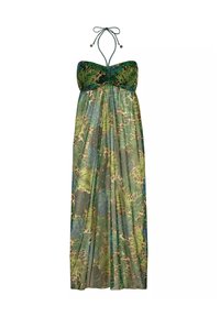 Maxi sukienka z dekoltem halter, ozdobiona połączeniem zielonej roślinności i wzorów w panterkę. Wykonana z lekkiego, zwiewnego materiału.