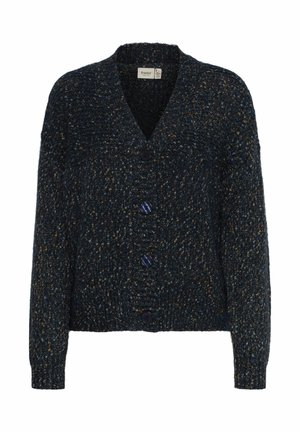 Navy neulecardigan, jossa on V-pääntie, neljä tumman väristä nappia, ribbitut hihansuut ja teksturoitu kangas, jossa on kultaisia ja sinisiä pilkkuja.