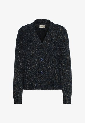 Cárdigan de punto azul marino con cuello en V, que presenta cuatro botones oscuros, puños acanalados y una tela texturizada con motas de oro y azul.