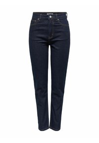 Tmavě modré džíny z denimu s vysokým pasem, rovnými nohavicemi, kontrastním žlutým prošíváním a předními i zadními kapsami. Minimalistický design.