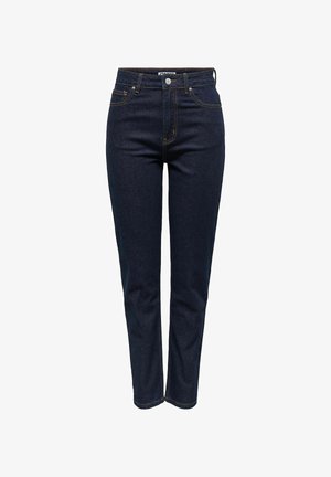 Dark blue denim jeans with a high waist, straight-leg cut, contrasting yellow stitching, and front and back pockets. Minimalist design.