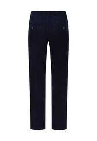 Mørkeblå kordfløjspants med lige ben, udstyret med to baglommer med knaplukninger og en glat tekstur.