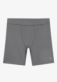 Grå idrettsshorts laget av lett stoff, med elastisk midjebånd, en frontlomme, og en liten logo nederst til høyre.