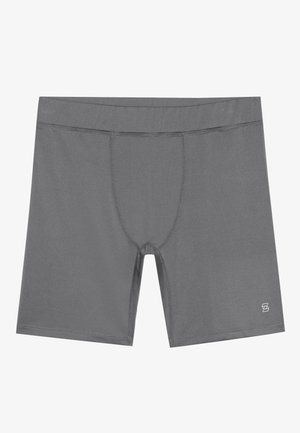 Gray athletic shorts made of lightweight fabric, featuring an elastic waistband, a front pouch, and a small logo on the lower right side.