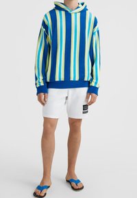 Personne portant un sweat à capuche à rayures bleues, vertes et blanches, un short blanc avec un patch graphique noir et des tongs bleues.