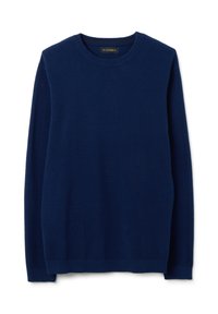 Maglione blu navy a maniche lunghe realizzato in tessuto testurizzato, con polsini e orlo a coste, dotato di un'etichetta cucita all'interno del collo.