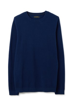 Marineblauwe crewneck trui van gestructureerde stof, met rib gebreide manchetten en zoom, en een label dat binnen in de hals is genaaid.
