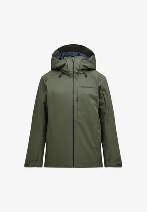 Jacket verde-azeitona à prova d'água com gola alta, capô ajustável, fecho com zíper e bolsos laterais; textura suave e design minimalista.
