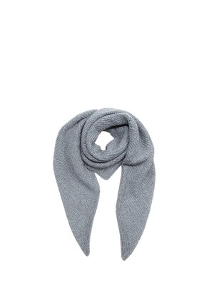 Soft knitted gray scarf folded in a loop with pointed ends, suitable for cold weather or fashion accessory.