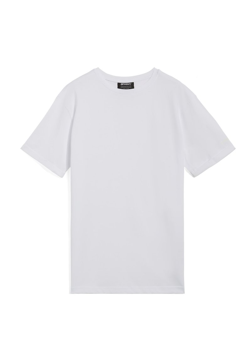 T-shirt bianco a maniche corte realizzato in cotone morbido, con scollatura rotonda e vestibilità comoda. Nessun motivo o dettaglio visibile.