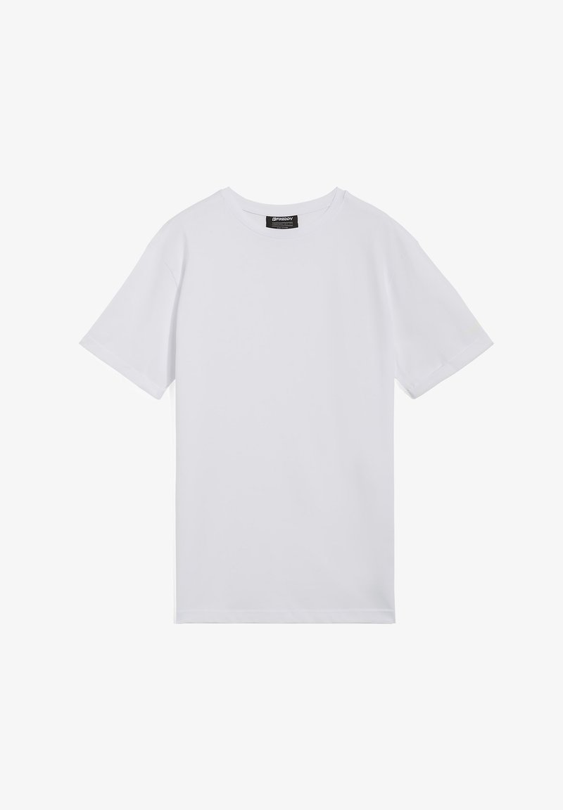 T-shirt bianco a maniche corte realizzato in cotone morbido, con scollatura rotonda e vestibilità comoda. Nessun motivo o dettaglio visibile.