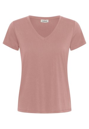 T-shirt pour femmes à manches courtes et col en V de couleur rose poudré avec une petite étiquette de marque au niveau de l'encolure.