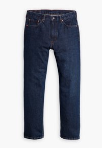 Tmavomodré džíny z denimu s klasickým rovným střihem, které mají více kapes a kovové detaily. Hladká textura, standardní pas.