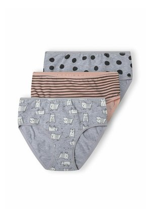 Tre paia di mutandine da donna: grigie con stampa di gatti, grigie con pois neri e pesca con righe orizzontali. Tutte sono in cotone misto.