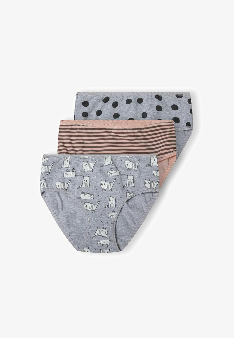 Drei Paare Damenunterwäsche: grau mit Katzenprint, grau mit schwarzen Punkten und pfirsichfarben mit horizontalen Streifen. Alle sind aus Baumwollmischung.