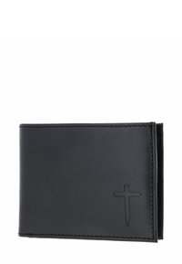 Black leather wallet with a smooth texture, featuring a cross embossed detail on the front and contrasting stitched edges.