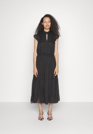 Mustmust muströöpidega kleit, lühikeste volangvarrukatega, võtmeaugukaelusega ja peente sädelustega, valmistatud kergest kangast.