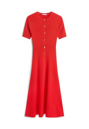 Red ribbed knit midi dress with short sleeves, round neckline, and gold buttons down the center front.